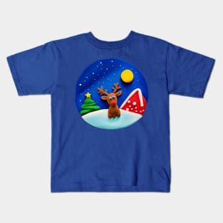 Cute Reindeer and Christmas Tree Snowy Winter Night Kids T-Shirt